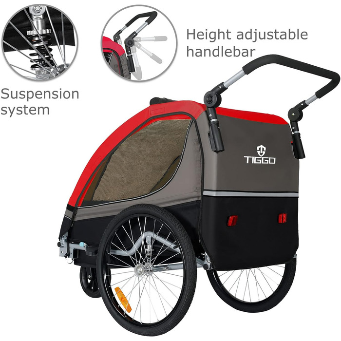 Причіп для дитячої коляски Tiggo S2 з підвіскою, 2-в-1, для бігу та велосипеда, поворотний на 360°, червоний