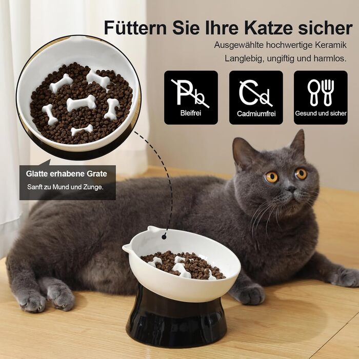 Антислизька годівниця для котів з кераміки, піднята - годівниця-лабіринт для повільного годування, нахилена проти блювоти, чорно-біла