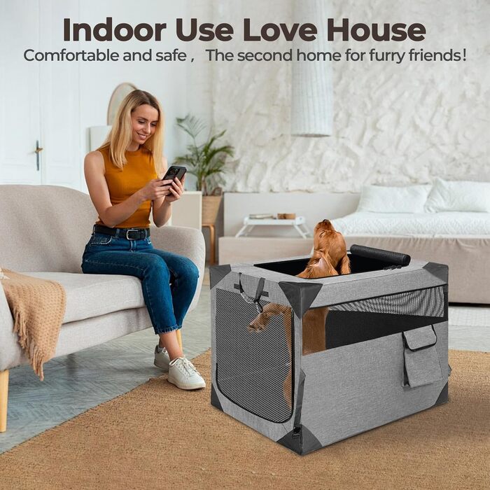 Складана переносна будка для собак великих порід, м'яка, для подорожей, для дому та вулиці, з міцним сітковим вікном (темно-сірий), 91.4 x 63.5 x 63.5 см