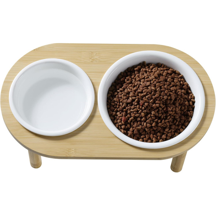 Підвищена годівниця для собак Navaris - 350 & 650 мл - керамічна миска на бамбуковому підставці, для води та корму, миється в посудомийній машині, сумісна з мікрохвильовою піччю, стиль 2