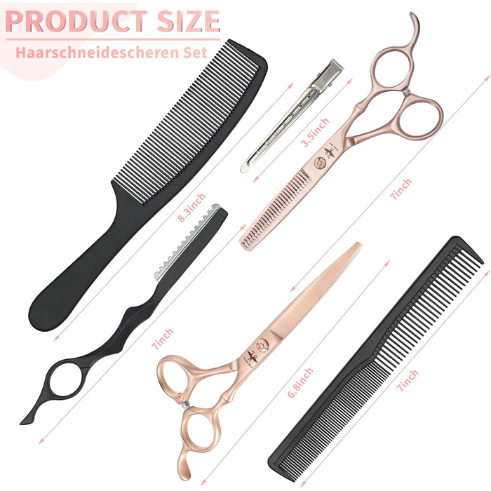 Набір професійних перукарських ножиць PURPLEBIRD (10 шт.) з нержавіючої сталі: перукарські та філірувальні ножиці для перукарів, барберів та початківців (рожеве золото)