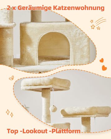 Декількаповерховий комплекс для котів Taoqimiao 170 см з будиночками, гамаком, корзиною та 8 стовпчиками для дряпання, MS013M, бежевий