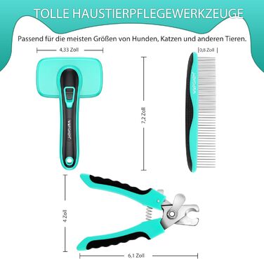 Набір для догляду за тваринами 3 шт: щітка для собак і котів, самоочисна, щітка для підшерстка та відмерлого хутра, стригувач нігтів та гребінець для шерсті, ідеально підходить для довгошерстих та короткошерстих, Зелений Аквазелений