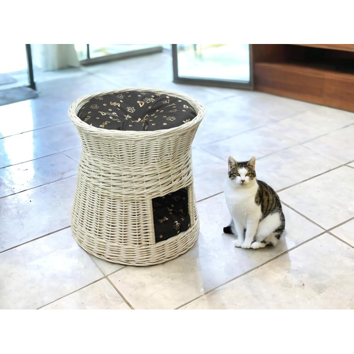 Кігтеточка-лежанка для котів: двоярусна хатинка з ротанга, 50 см, з подушкою (темно-коричнева)