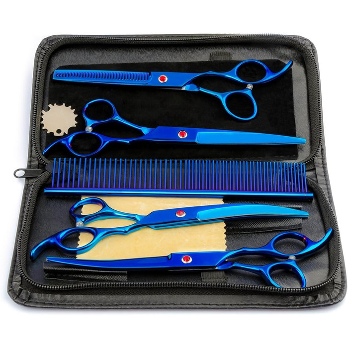 Набір для грумінгу домашніх тварин: професійні ножиці для собак та котів, ножиці для фінальної обробки, вигнуті ножиці, гребінець для грумінгу, блакитні