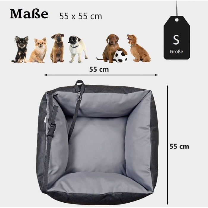 KING DOG Автокрісло для собак до 8 кг. Транспортна переноска для автомобіля з кріпленням на ремінь безпеки та м'яким килимком. Складається, легко миється. Підходить для SUV та легкових автомобілів (55 x 55 см, чорно-сірий)