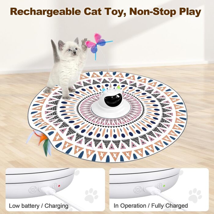 Інтерактивна іграшка для котів Spessn 2-в-1: електрична з пір'ям, інтелектуальна, 3 режими, USB-зарядка (білий котячий візерунок)