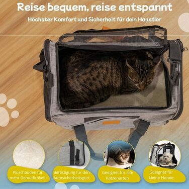TREKAM Транспортний бокс для котів та маленьких собак з мискою, ковдрою, ременем на плече та м'якою підкладкою - для автомобіля та літака