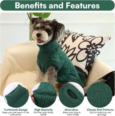 Светр для собак Queenore: в'язаний водолазка для джек-расселів, коргі, бульдогів (XS, зелений)