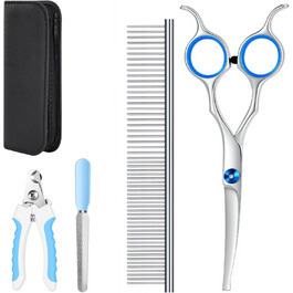 Набір професійних ножиць для грумінгу собак та котів, 4 шт. з безпечними закругленими кінцями, сталевий гребінець, шкіряний чохол