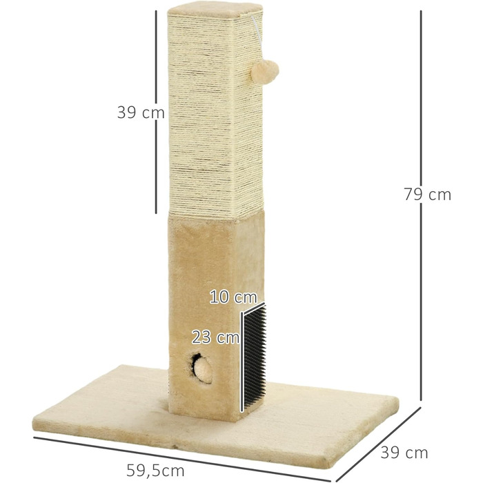 Котячий будиночок PawHut з когтеточкою 79 см, когтеточки з сизалевого мотузка, 2 іграшки-м'ячики, для середніх котів, бежевий