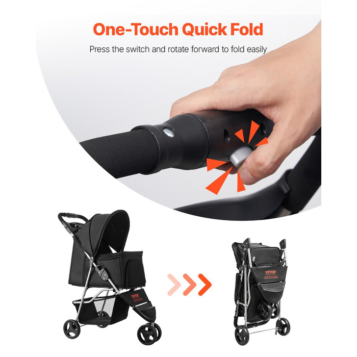 Візок для собак VEVOR, вантажопідйомність 16 кг, складний, для котів та собак, 3 колеса, сітчасті вікна, тримачі для напоїв, гальмо, для маленьких та середніх тварин