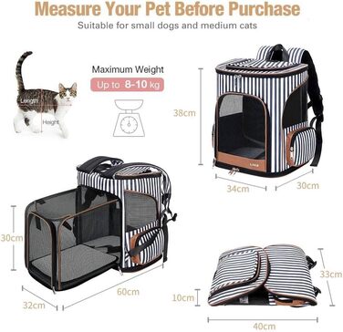 Розширюваний рюкзак для кота Ekesky – зручний, дихаючий рюкзак для середніх та великих котів та собак, з внутрішньою фіксацією та килимком для тварин, об'єм 9 л (L, смугастий)