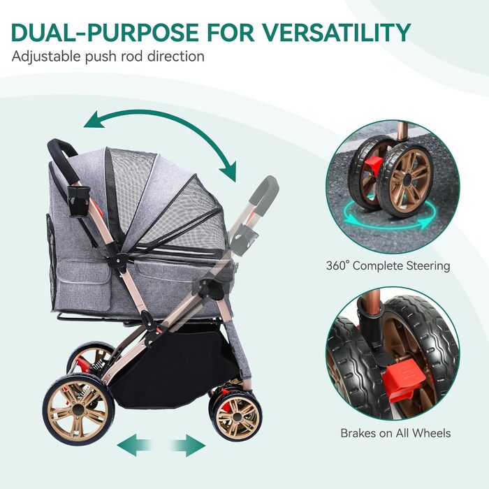 Візок для собак та котів YITAHOME, складаний, до 22 кг, сірий