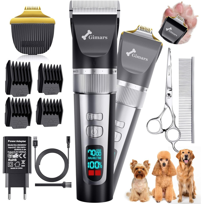 Гімрас 6-в-1 професійна машинка для стрижки собак з набором ножиць, 7000 об/хв, тиха, акумуляторна, для густого хутра, 4-в-1 триммер для лап, срібна