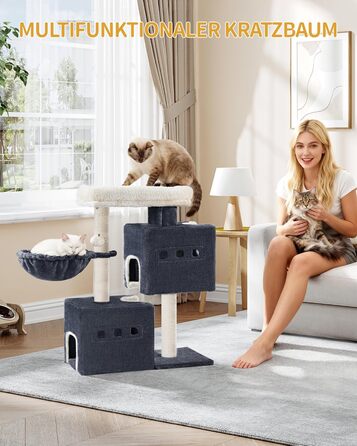 Дерево для котів Hzuaneri, 75 см, зі стійкою конструкцією, великою лежанкою, котячою печеркою, сизалевими стовпчиками, кошиком та іграшками, сірий колір