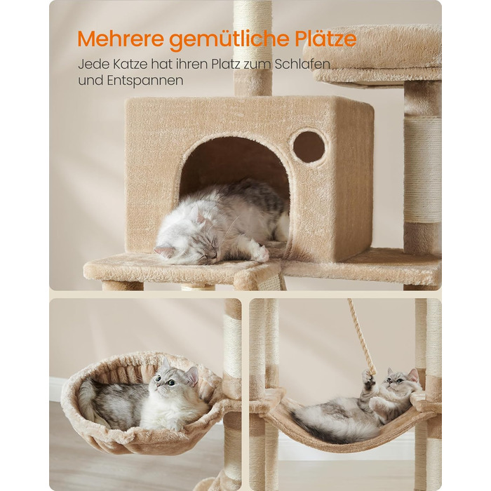 Feandrea великий котячий комплекс 206 см, XXL, 13 стовпчиків, 2 платформи, 2 будиночки, гамак, кошик, плюшеві м’ячики, багаторівневий, колір камель, 60x50x206 см
