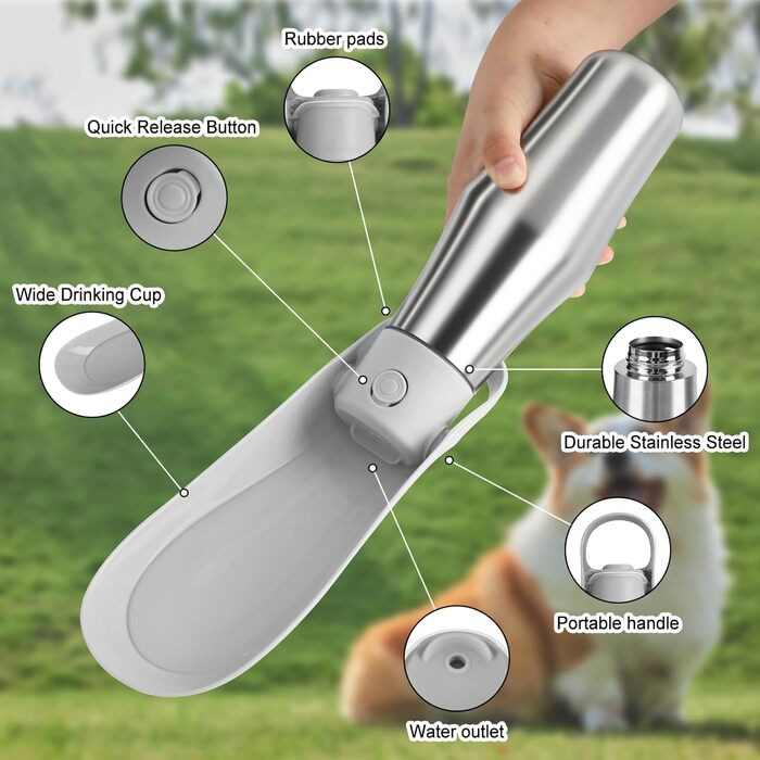 Водяна пляшка для собак на прогулянці 750 мл - не протікає, з нержавіючої сталі, з подвійними стінками, ізольована, сіра