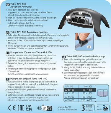 Tetra APS 100 – тиха мембранна повітряна помпа для акваріума 50-100 л, чорна