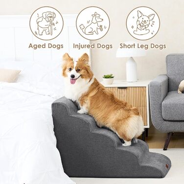 Сходинки для собак EHEYCIGA: 57 см, 5 сходинок, сірий колір. Підходять для маленьких собак, зручні для доступу до диванів та ліжок. Матеріал: високощільний губчастий матеріал, знімний та миючий чохол, антиковзне покриття. Розміри: 83.8 x 40 x 57 см.