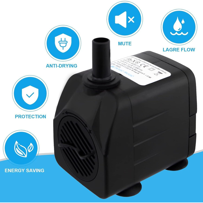 Погружний насос для ставка, фонтану, акваріума Wasserpumpe 1800 л/год, 3 насадки (13/16/19 мм), кабель 1.9м, 10Вт