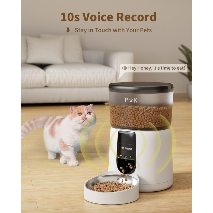 Автоматична годівниця для котів і собак Puppy Kitty, Wi-Fi 2.4 ГГц, розумна, з нержавіючою мискою для сухого корму, керування через додаток, голосові повідомлення, 1-10 порцій на день