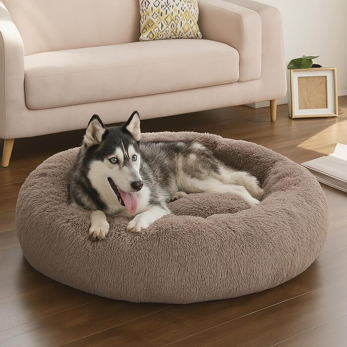 Заспокійливе ліжко для собак у вигляді пончика, м'який плюш, кругле ліжко для котів, зручне, м'яке, миється, подушка, самопідігріваюче ліжко для тварин з антиковзною основою, місце для сну та відпочинку (90 x 90 x 20 см, тауп)