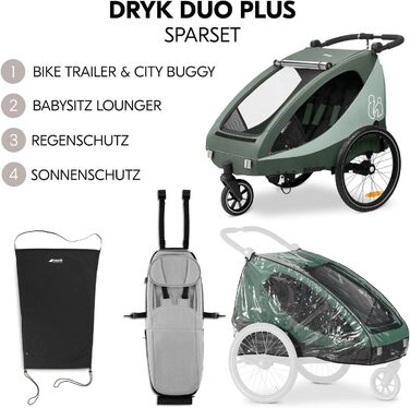 Фаркоп-причіп Hauck Dryk Duo Plus Set для 2 дітей з люлькою, тентом та дощовим захистом – складаний, з підвіскою та функцією коляски (Темно-зелений)