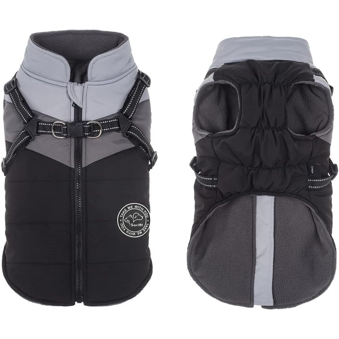 Водонепроникний зимовий теплий дощовик для собак Savlot - вітронепроникна куртка для маленьких та середніх собак з нашийником, світловідбиваючі елементи (чорний + сірий)