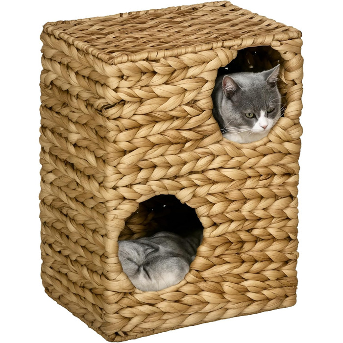 Кігтеточка PawHut для котів, 55 см, кігтеточний стовп з 2 схованок, знімні подушки, кігтеточний комплекс, котячий будиночок з ротангу, світло-коричневий, 40 x 31 x 55 см