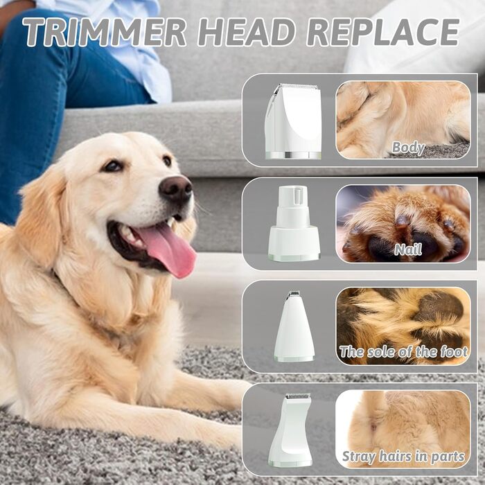 Машина для стрижки собак та котів 4 в 1 з 4 насадками: стрижка, триммінг, шліфування кігтів, видалення посічених кінчиків. Водонепроникна, для догляду за лапами, обличчям, тілом. Зелений/Білий колір