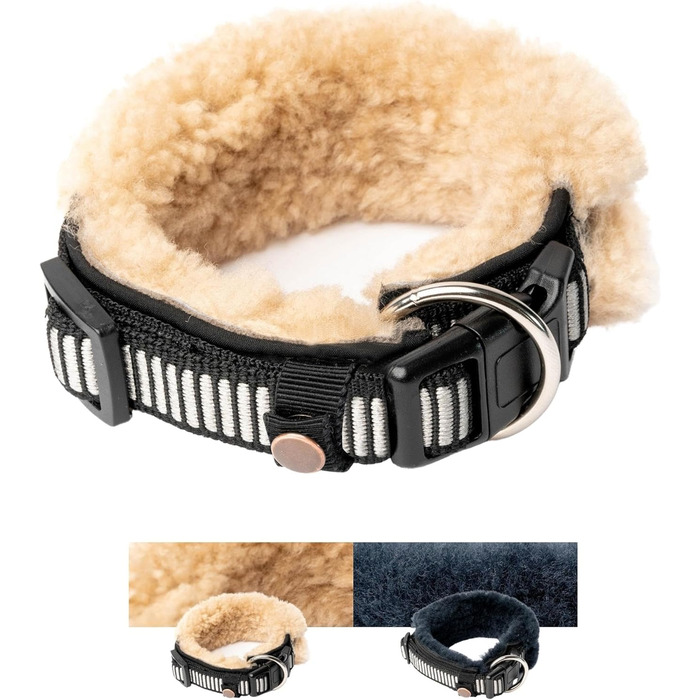 Нашийник для собак Chris з ланолінової вовни, зменшує випадіння шерсті, з підкладкою, світловідбиваючий, регульований, для собак малих, середніх та великих порід, розміри M (35-45см), XL (55-65см), L (45-55см), колір: кремовий