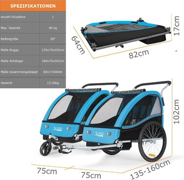 Дитячий причіп Tiggo VS 2 в 1 для велосипеда з функцією коляски та бегуном, блакитний