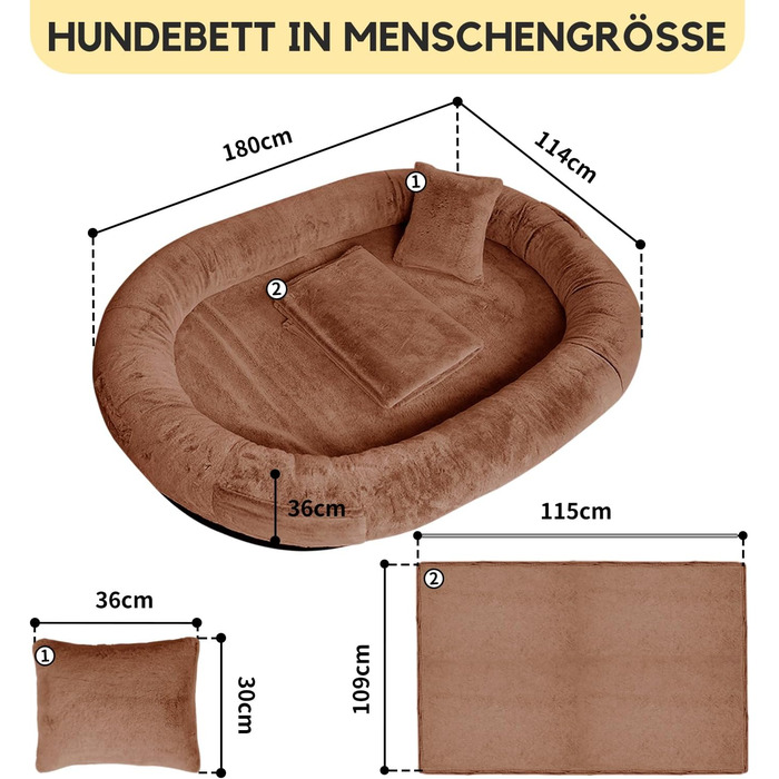 Велике собаче ліжко Furryfection для людей, 180x114x35,6 см, коричневе, з ковдрою та подушкою