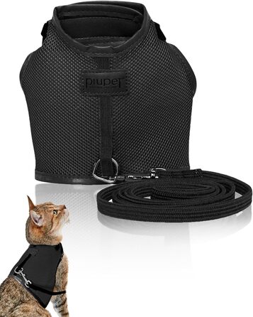 Шлейка для котів PiuPet® (S) з повідком 1,2м | Захист від втечі | Чорний колір | Розмір S (21-24см обхват шиї, 36-40см обхват грудей)