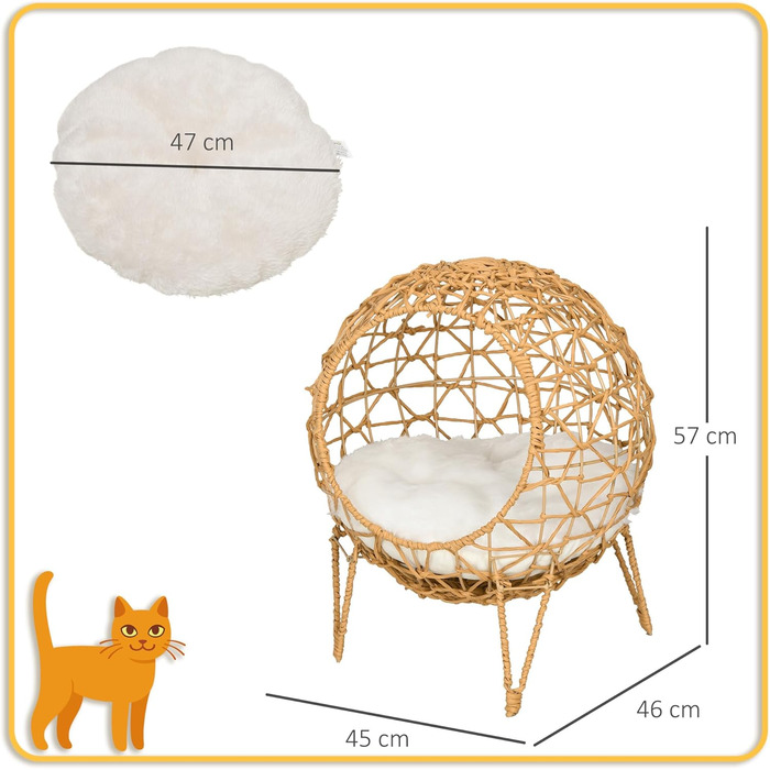 Кігтечка Pawhut для котів: затишна хатинка-ліжко з ротангу, коричнева, Ø45 x 57 см