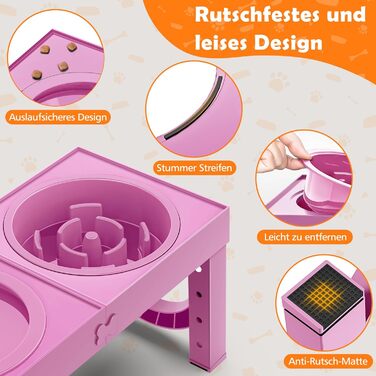 Набір мисок для собак X XBEN 3-в-1: миска для води з захистом від пролиття 1.4L, миска від захлистування 1L, годівниця з 5 рівнями регулювання висоти для середніх та великих собак, нековзна годівниця, рожевий колір