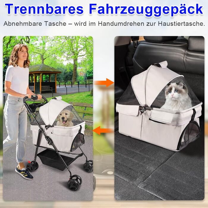 Візок для собак середніх порід, 25 кг, 4-колісний візок для собак та котів, складаний, для подорожей, сірий (50 x 65 x 99 см)