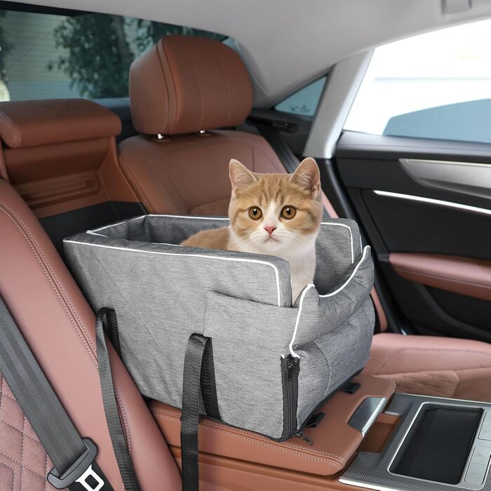 Автокрісло для маленьких собак: м'яка лежанка з підстаканником, сіра, 42x20x22 см