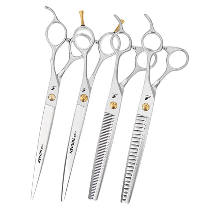 Професійний набір ножиць для грумінгу домашніх тварин, 19,1 см, для собак, прямі та зігнуті ножиці, фінішна ножиця, VG10 сталь (4 шт.)