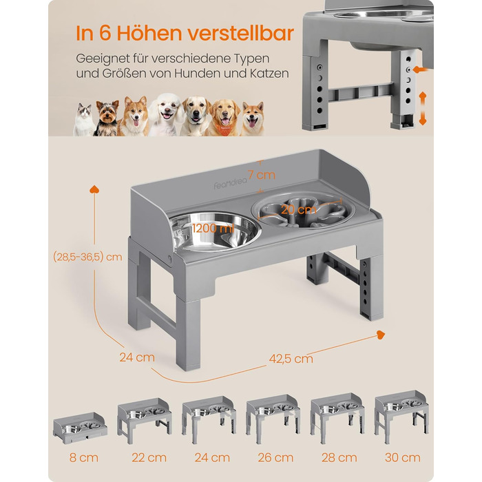 Підвищена годівниця для собак Feandrea з регульованою висотою та нахилом, 2 миски з нержавіючої сталі 304, миска для повільного годування, сірий колір, PRB103GD01