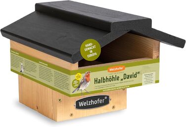 Дерев'яний шпаківня Welzhofer David, напіввідкрита, ручна робота, для горихвістки, плиски, сірого мухоловки та вільшанки, із якісної сосни, зроблено в Європі