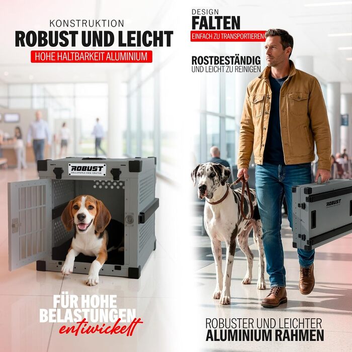 Міцна переносна клітка для собак Robuste Hundetransportbox, XXL, сірий колір. Підходить для різних порід собак, зручна для транспортування в авто, для дому та подорожей.