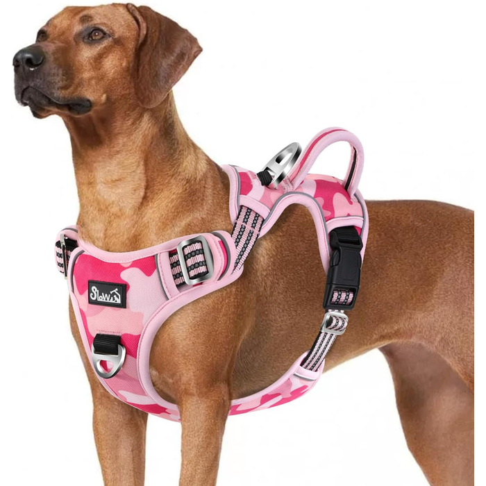 Нашийник для собак великих порід, шлейка з анти-тяговою конструкцією, 2 карабіни, зручна ручка, регульована та світловідбиваюча, для щоденних тренувань (L, XL), камуфляжний рожевий