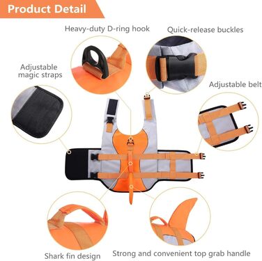 Спасальний жилет для собак CITÉTOILE у вигляді акули, оранжевий, розмір M (набір 1)