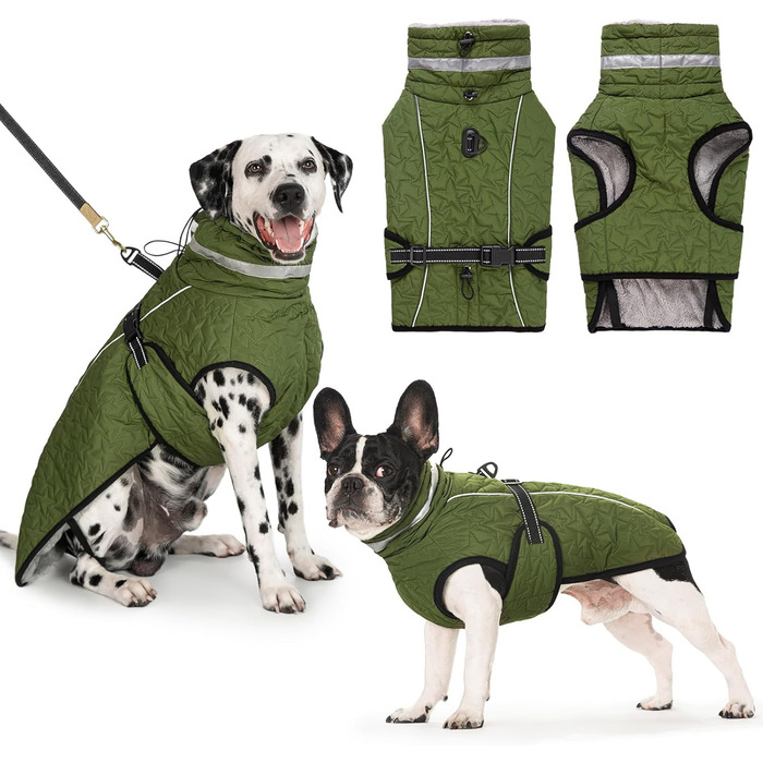 Водонепроникна куртка для собак на зиму: тепла, з підкладкою з флісу, з отвором для повідка, для малих, середніх та великих собак (XL, зелена)