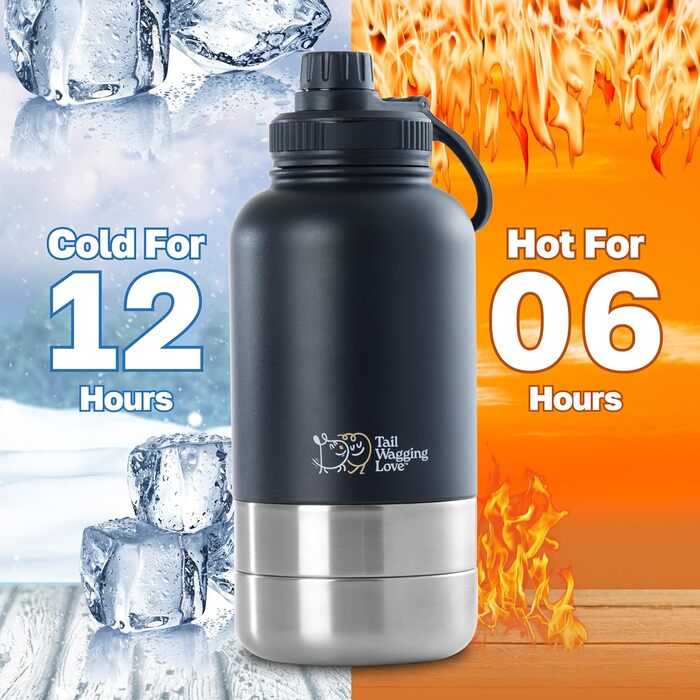 Водяна пляшка для собак Tail Wagging 3-в-1 з двома мисками, 907.2 г, нержавіюча сталь, ізольована, для подорожей