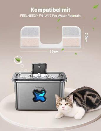 Фонтанчик для котів FEELNEEDY 3.2л, нержавіюча сталь, з акумулятором 4000mAh, датчиком руху, миється в посудомийній машині (6 фільтрів + 6 губчастих фільтрів)
