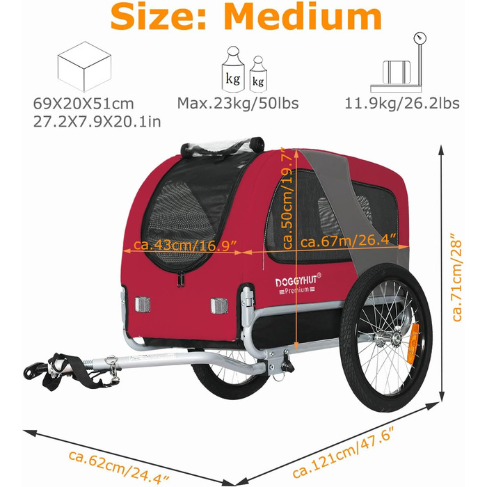 DOGGYHUT® Преміум велопричіп для собак середнього розміру, до 23 кг, складаний, зелений (червоний)