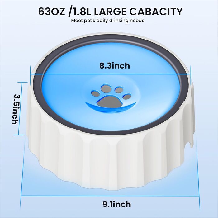 Напійник для собак без розливання, 2 л, великий об'єм, диспенсер, неслизький, без бризок, повільний напійник, без крапель, підходить для собак та котів, блакитний